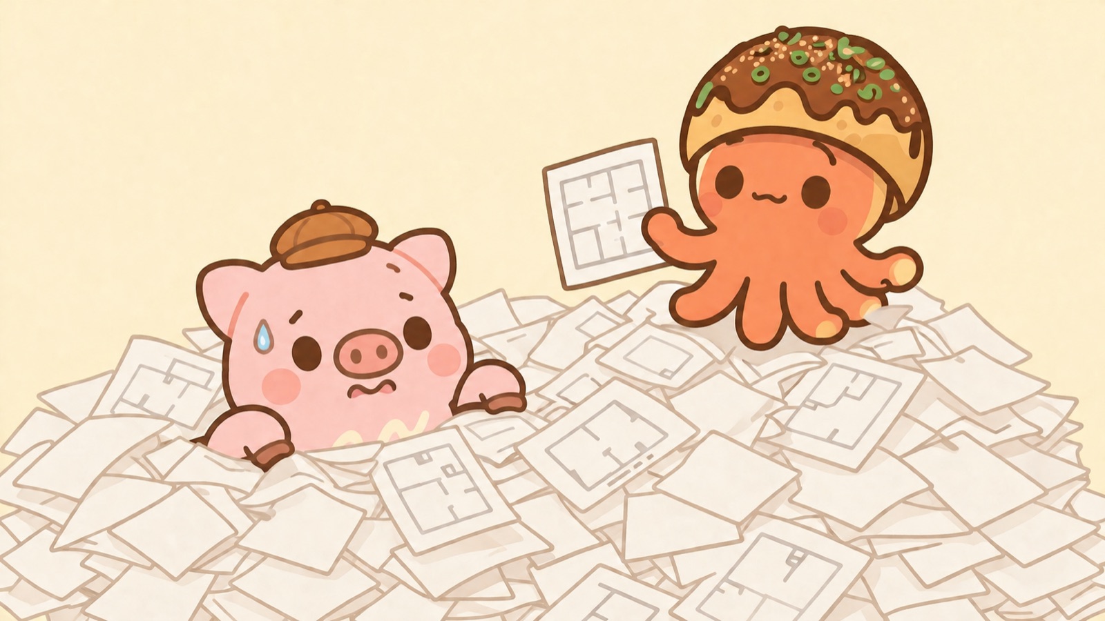書類と間取り図の山に埋もれるとんマヨと、冷静に図面を持つちめん太