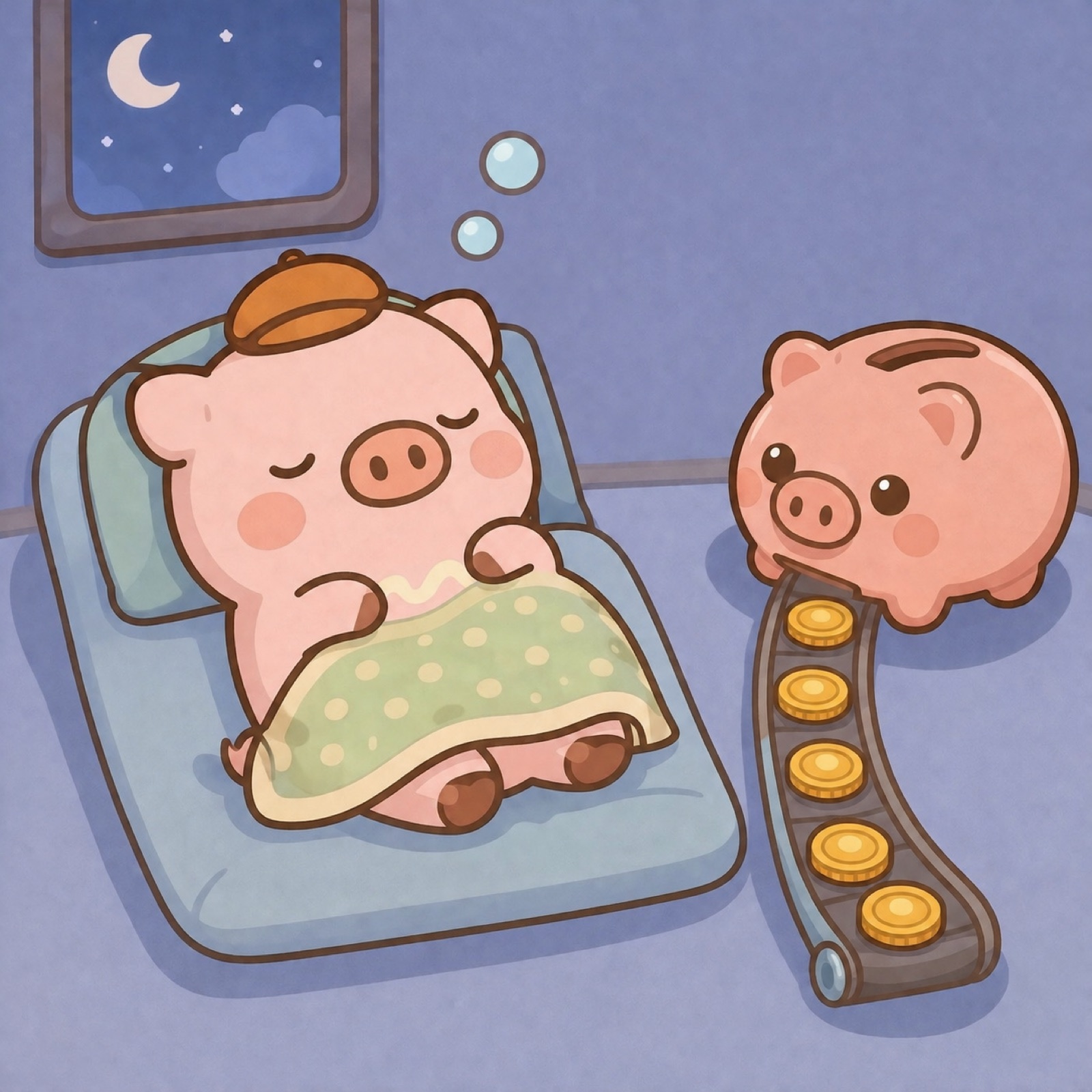 眠っているとんマヨの横で、コインが自動でブタの貯金箱に運ばれていくイラスト