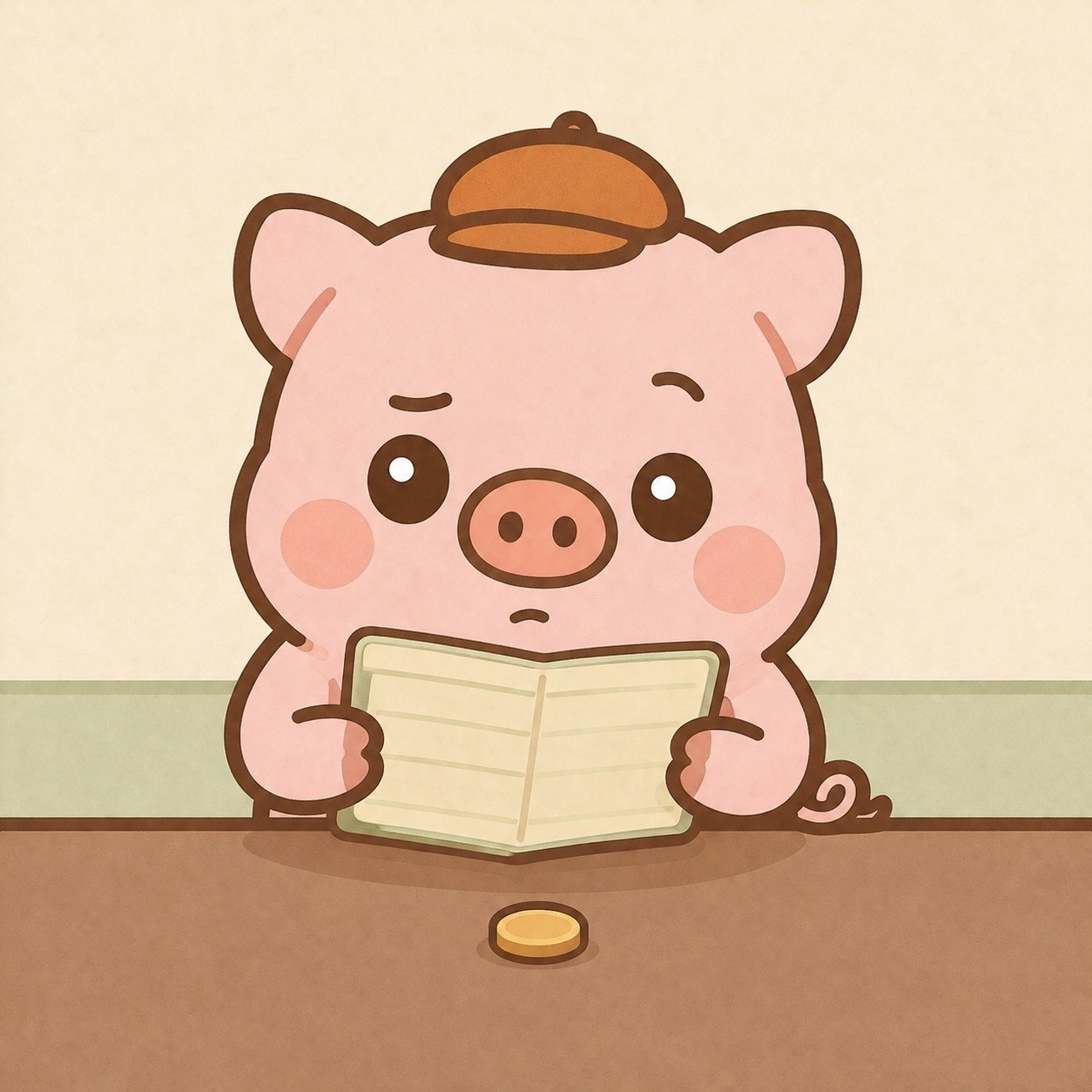 通帳を見て微妙な顔をするとんマヨのイラスト