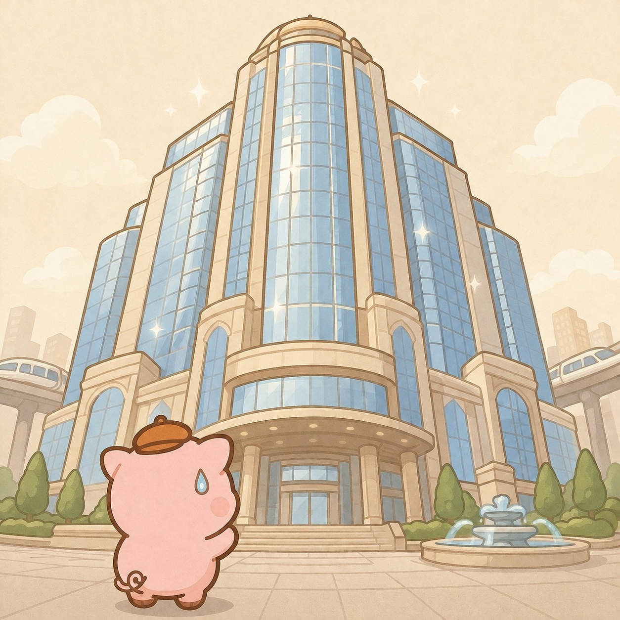 駅前の立派な生命保険会社のビルを見上げる、小さなとんマヨのイラスト