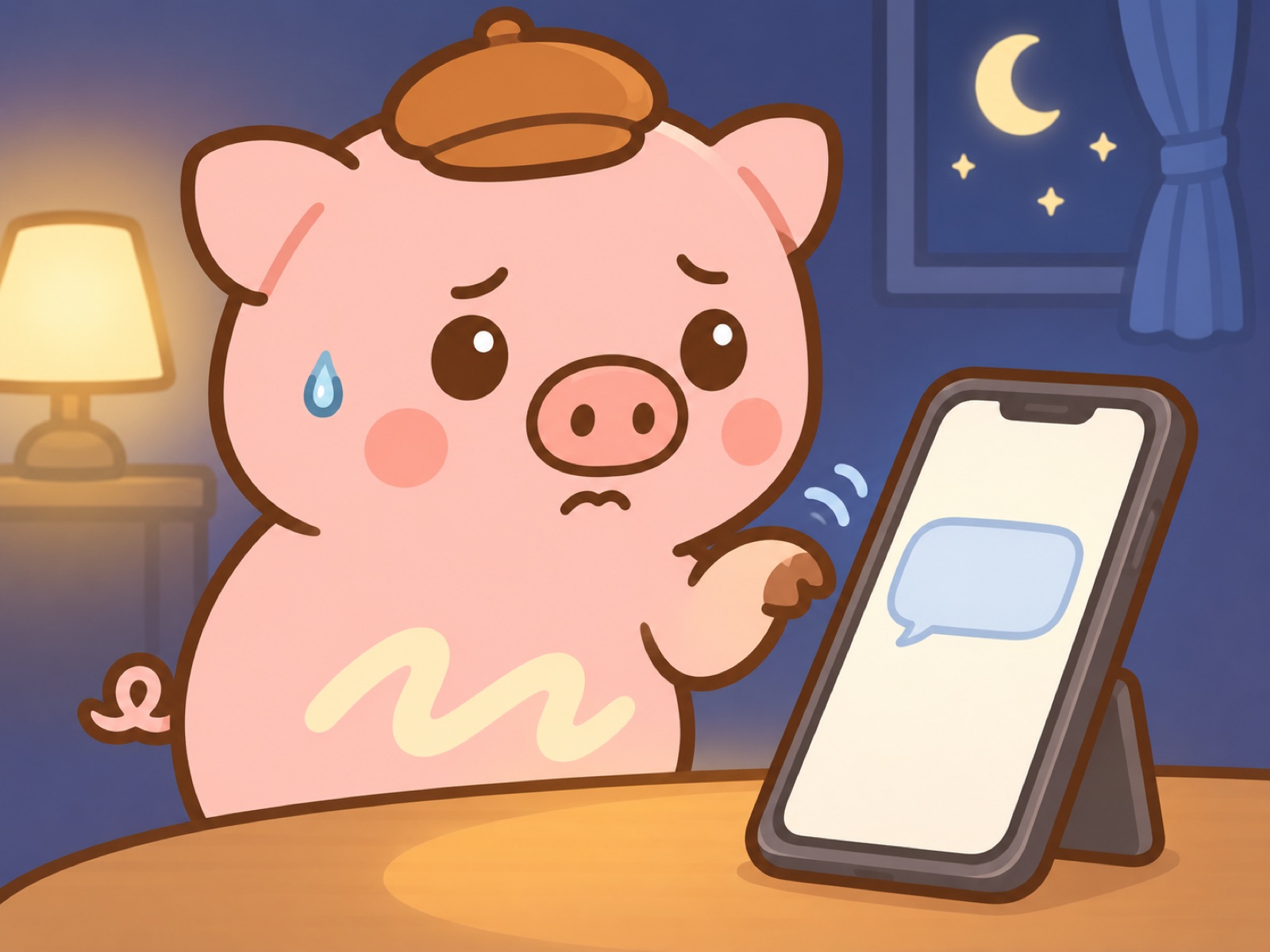 メッセージ画面を前に固まっているとんマヨのイラスト