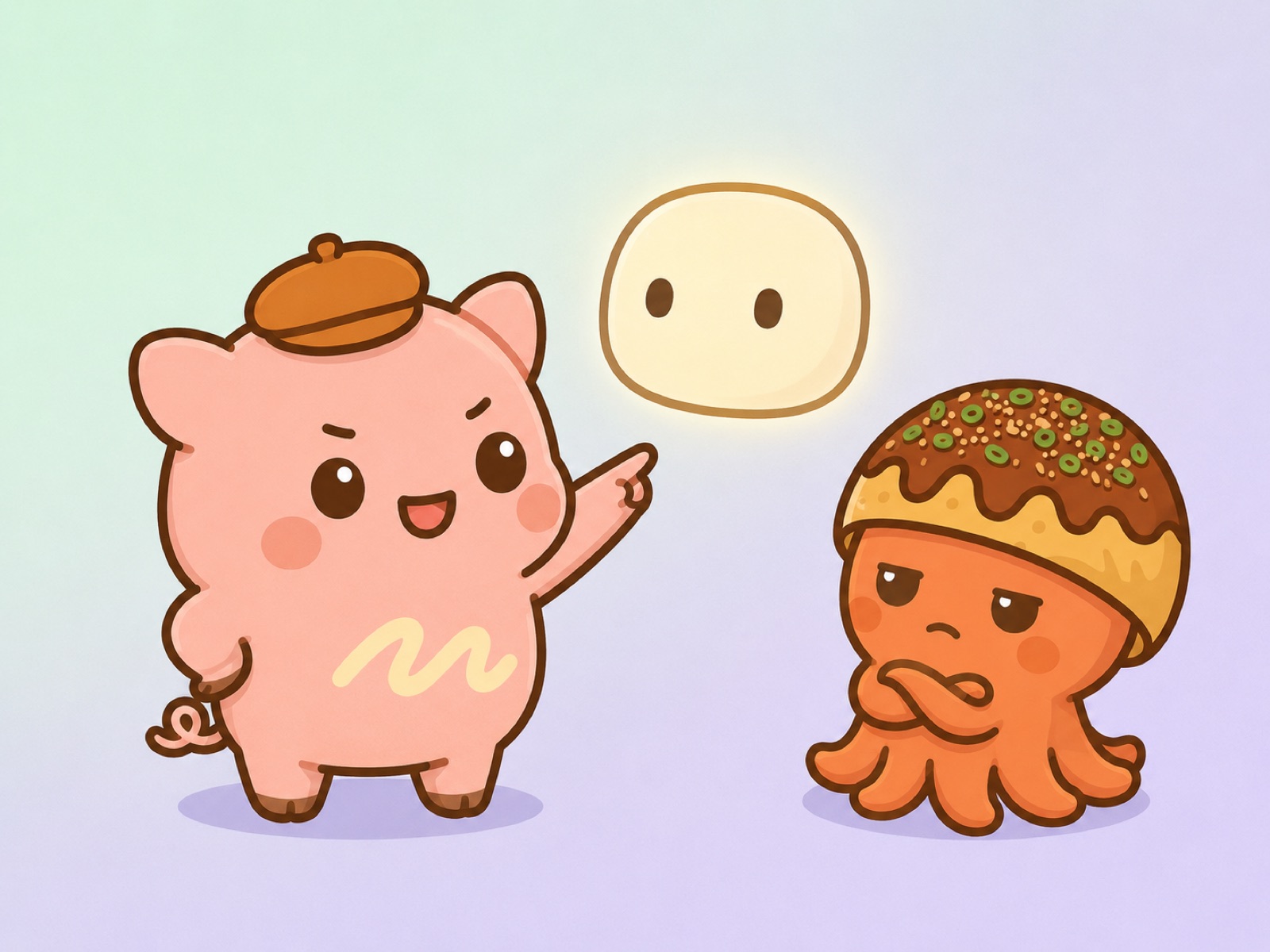 AIに指示を出しているとんマヨと、横で腕を組むちめん太のイラスト