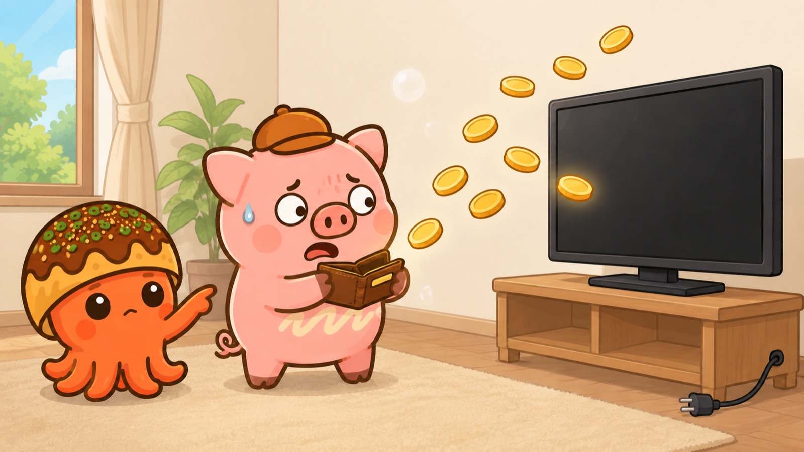 電源が抜かれたテレビに向かって、財布からコインが飛んでいくのを見て青ざめるとんマヨ