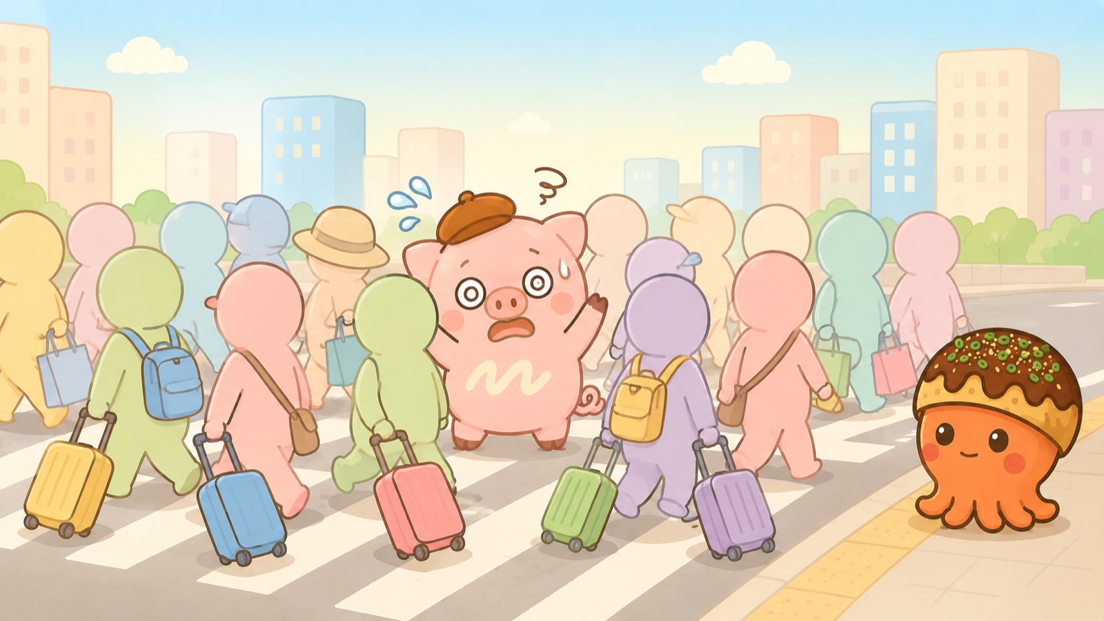 観光客の波にもまれるとんマヨ