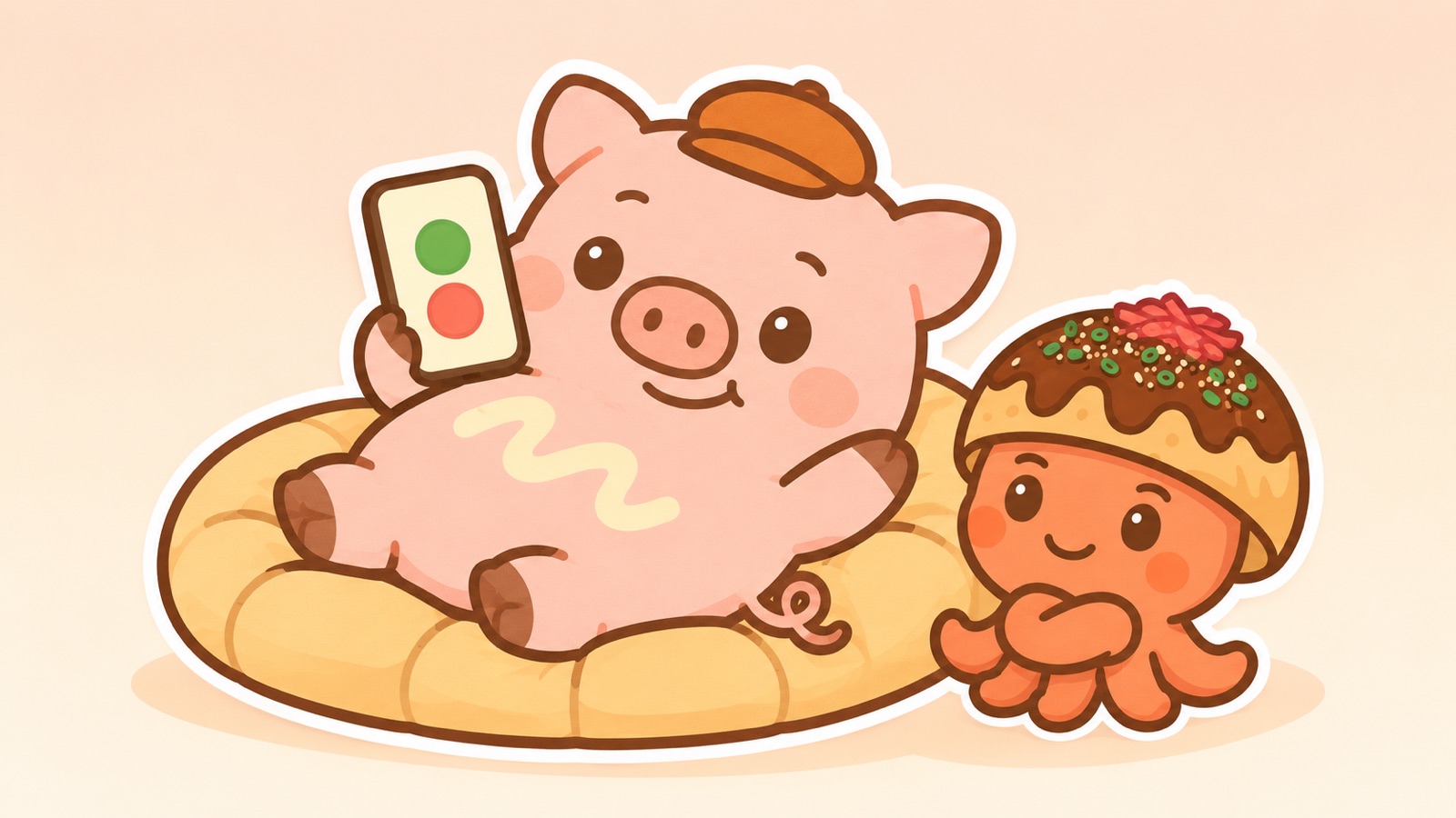 スマホの緑と赤のボタンを押そうとするとんマヨと、腕組みするちめん太