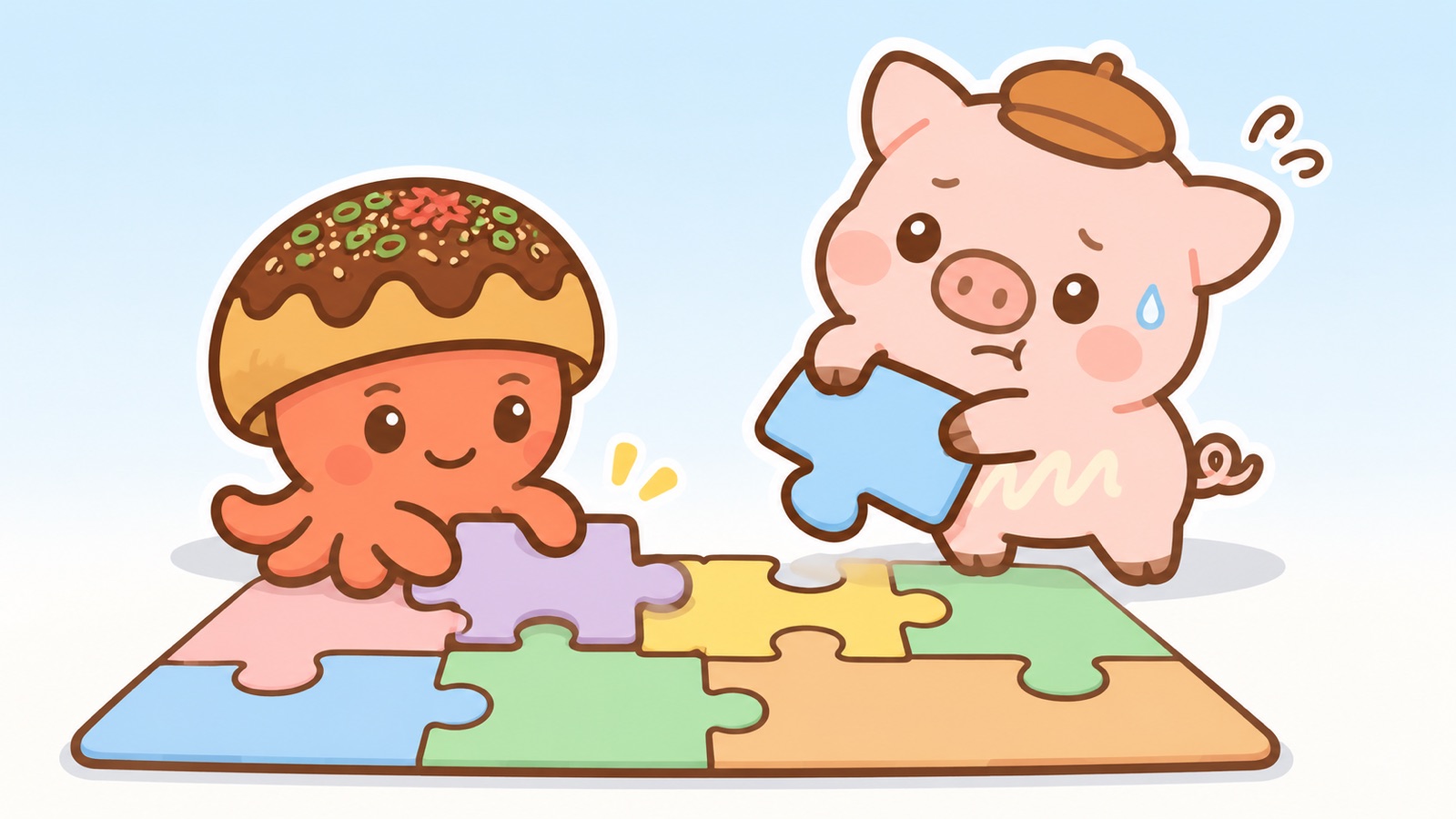 ちめん太がパズルのピースを正しい場所にはめ、とんマヨが別の場所で首をかしげている