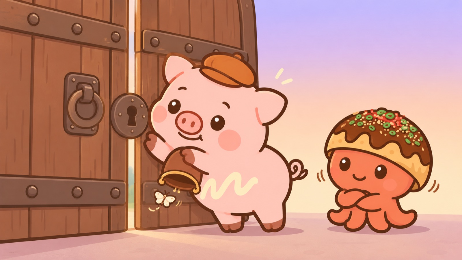 閉じた大きな門のすき間をのぞくとんマヨと、腕組みして首を振るちめん太