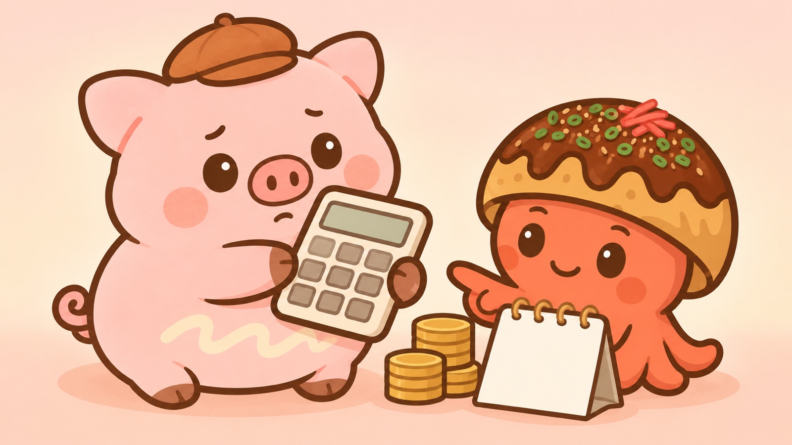 電卓を持って困り顔のとんマヨと、金貨とカレンダーを指して説明するちめん太