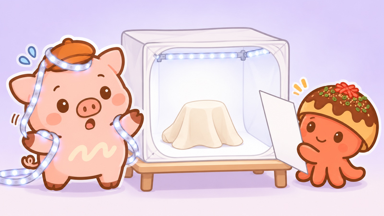 テープライトを体に絡ませて慌てるとんマヨと、白い紙で光をやわらげるちめん太