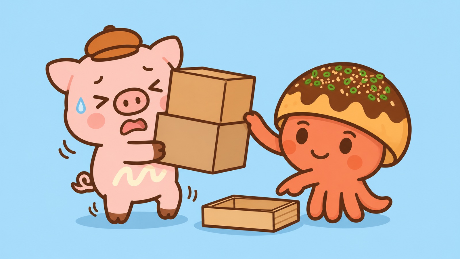 箱を2つ抱えてふらつくとんマヨと、片方を下ろすよう指さすちめん太