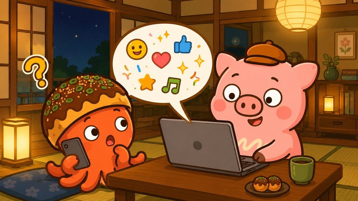夜の和室でパソコンからメッセージを送るとんマヨと、スマホを見て驚くちめん太のイラスト